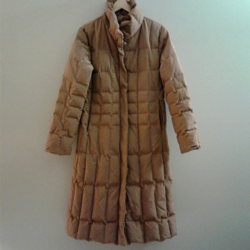 vintage POSTCARD down filled camel coloured maxi puffer coat parka jacket. sz 10